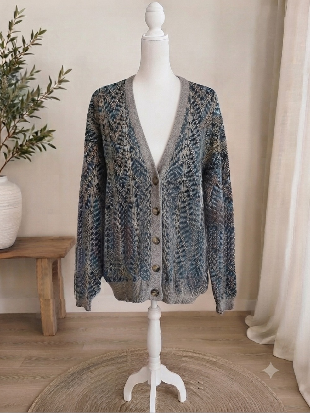Vintage 90s Jantzen Knit Cardigan Sweater Mens Grey Teal Textured V-Neck Grandpa